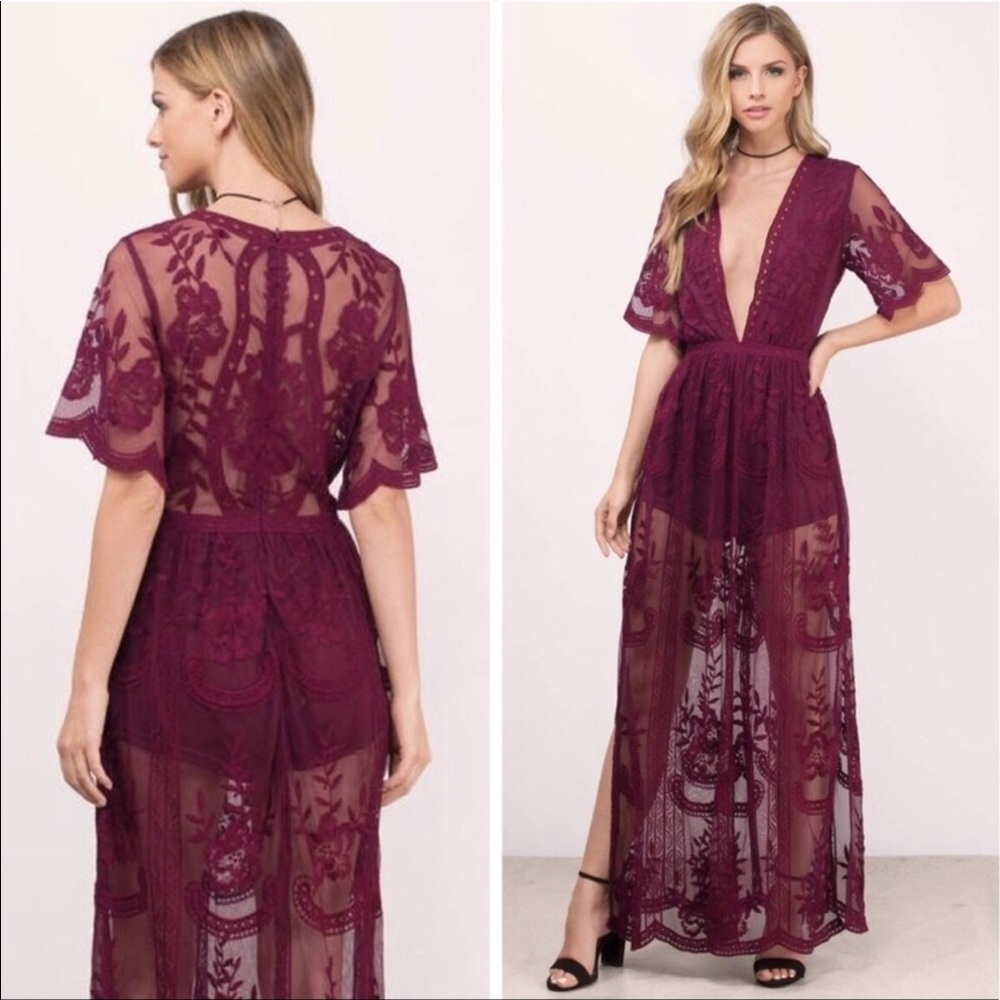 Kalli Collection Wine Lace Maxi Dress